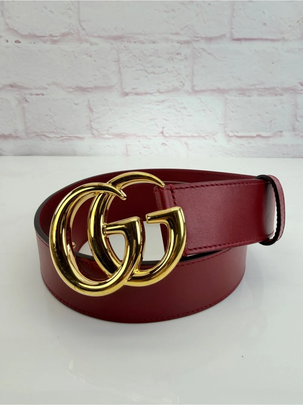 Authentic Gucci GG Marmont Wide Red Leather Belt Gold Buckle 406831 75/30